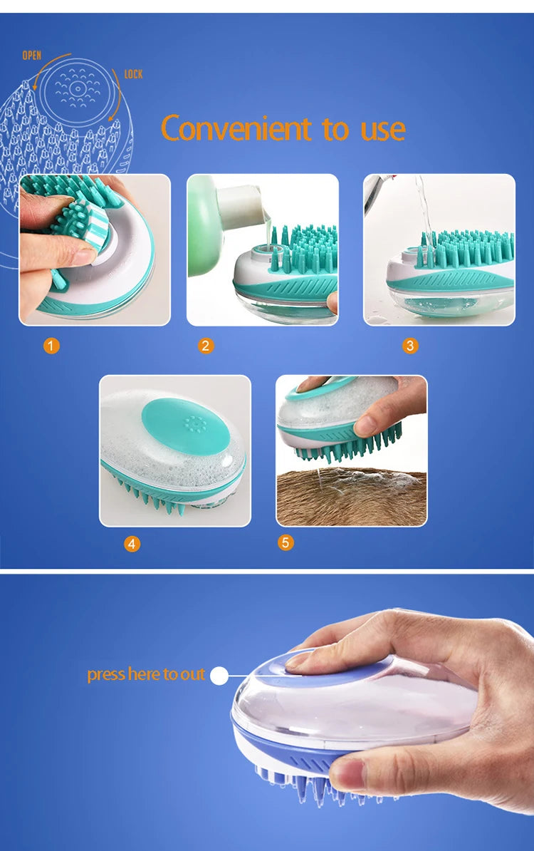 2-in-1 Pet Bath Brush - Silicone Grooming Comb & Shampoo Dispenser