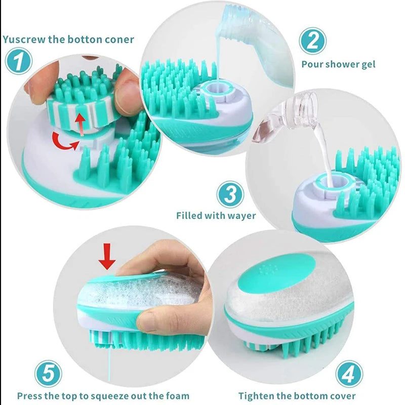 2-in-1 Pet Bath Brush - Silicone Grooming Comb & Shampoo Dispenser