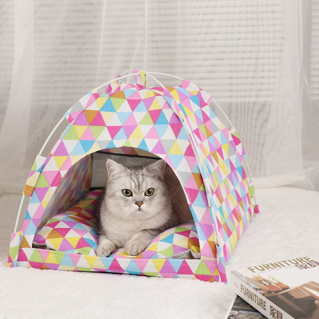 Clamshell Cat Tent Bed - Winter Warm Pet Sofa with Cushion