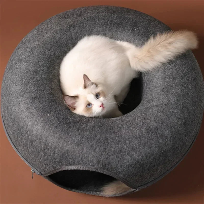 Felt Donut Cat Bed – 2-in-1 Hideaway & Tunnel for Cats