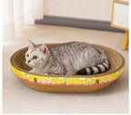 Oval Cat Scratching Board with Catnip - Corrugated Cardboard Scratcher & Bed