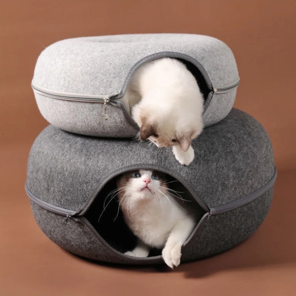 Felt Donut Cat Bed – 2-in-1 Hideaway & Tunnel for Cats