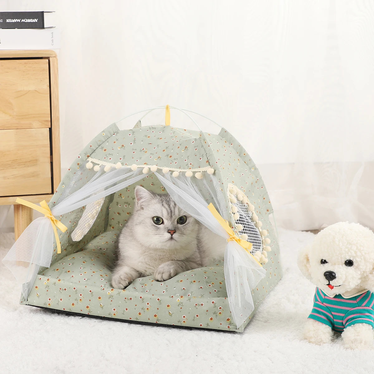 Clamshell Cat Tent Bed - Winter Warm Pet Sofa with Cushion