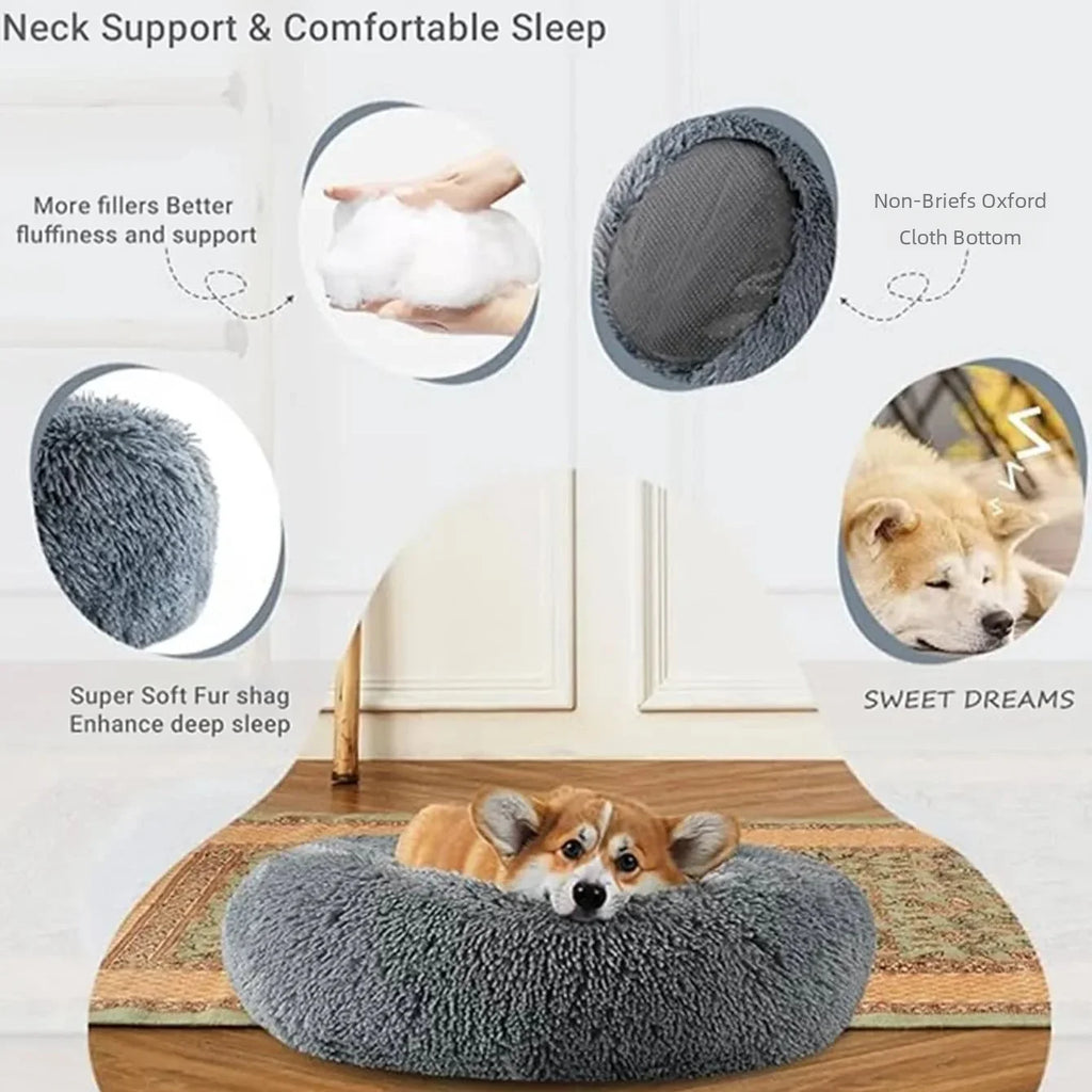 Round Plush Pet Bed – Soft Warm Dog & Cat Bed for Winter