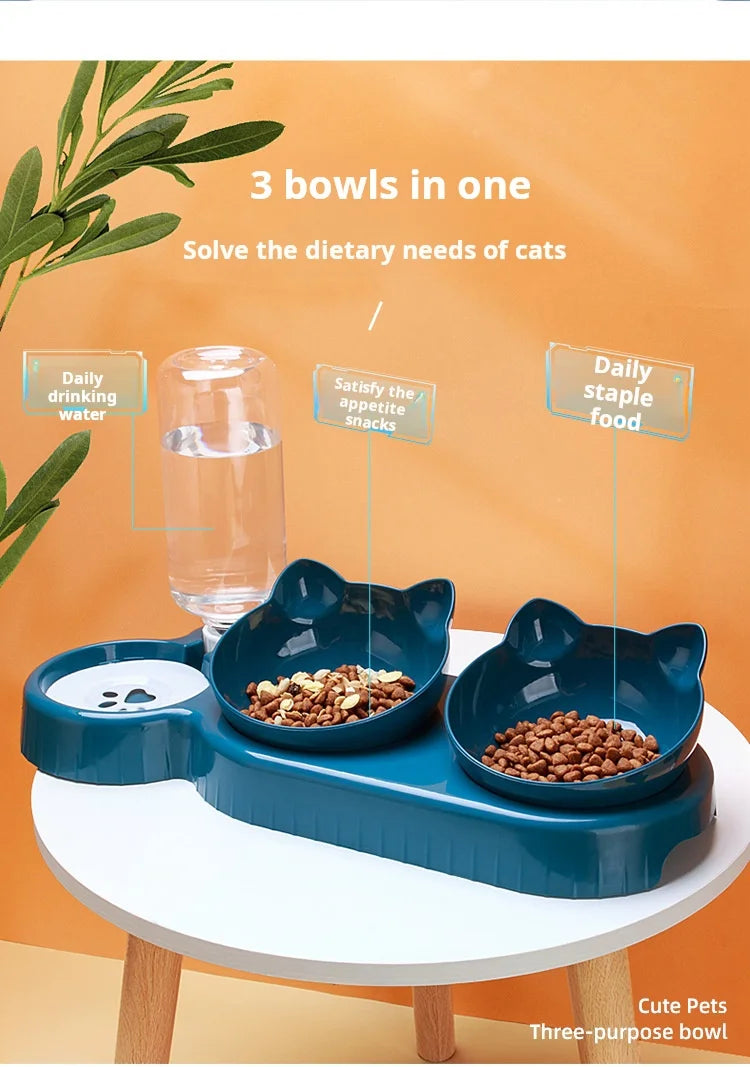 3-in-1 Pet Bowl Set – Tilted Cat & Dog Food Bowl with Water Feeder
