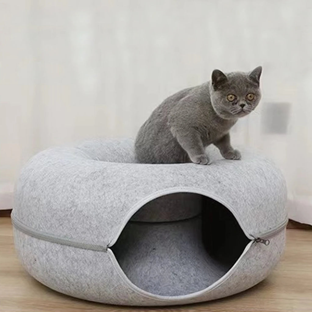 Felt Donut Cat Bed – 2-in-1 Hideaway & Tunnel for Cats