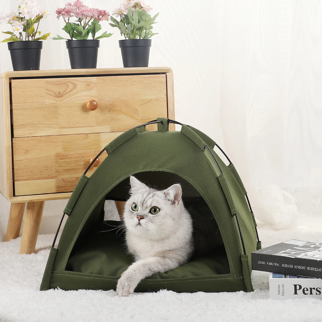 Clamshell Cat Tent Bed - Winter Warm Pet Sofa with Cushion