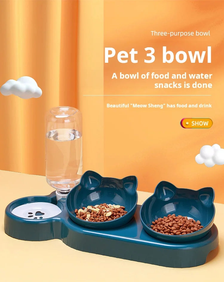 3-in-1 Pet Bowl Set – Tilted Cat & Dog Food Bowl with Water Feeder