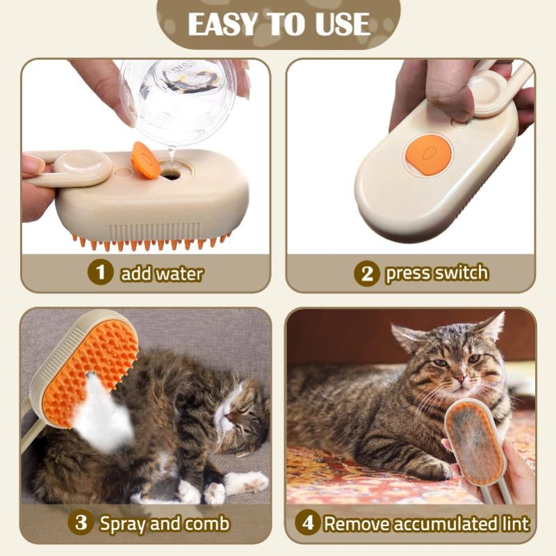 3-in-1 Steam Brush for Pets - Hair Removal, Spray & Massage Grooming Comb