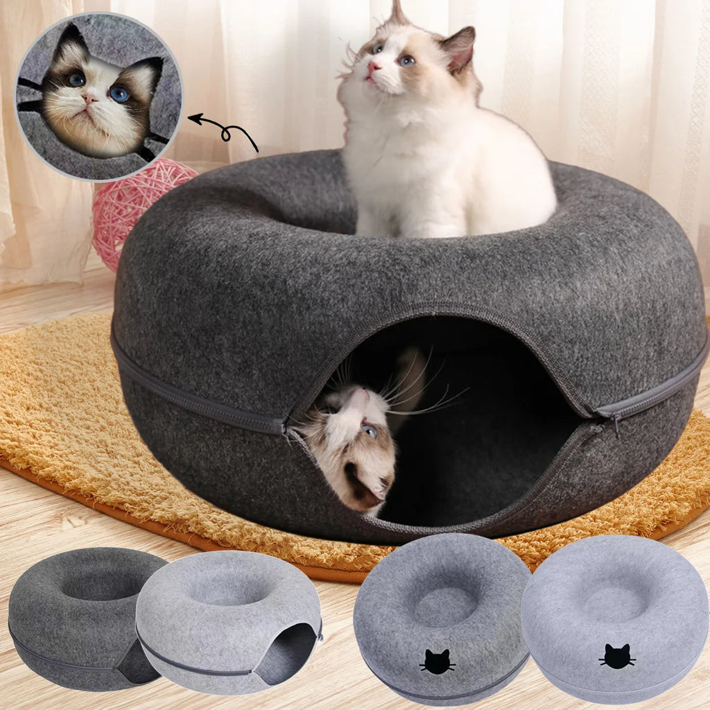 Felt Donut Cat Bed – 2-in-1 Hideaway & Tunnel for Cats