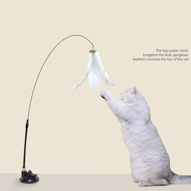 Interactive Cat Feather Toy - Suction Cup Mounted with Replaceable Feathers