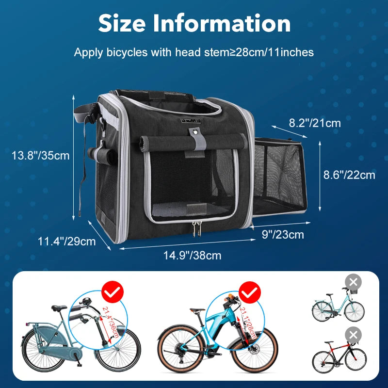 Expandable Pet Bike Basket - Soft-Sided Carrier with 4 Doors