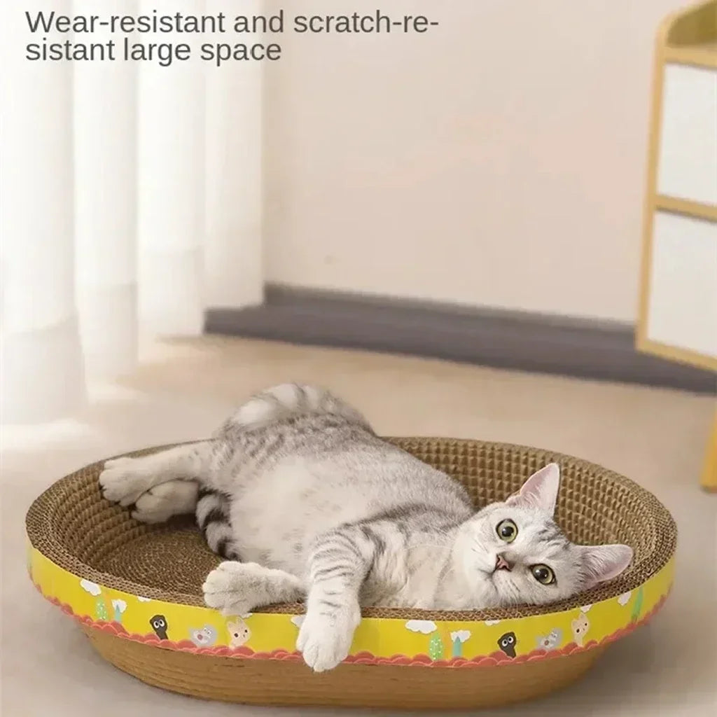 Oval Cat Scratching Board with Catnip - Corrugated Cardboard Scratcher & Bed