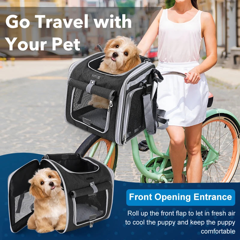 Expandable Pet Bike Basket - Soft-Sided Carrier with 4 Doors