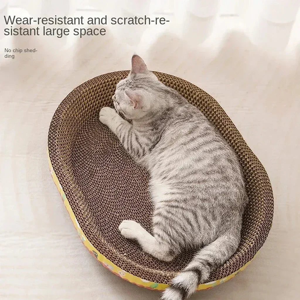 Oval Cat Scratching Board with Catnip - Corrugated Cardboard Scratcher & Bed