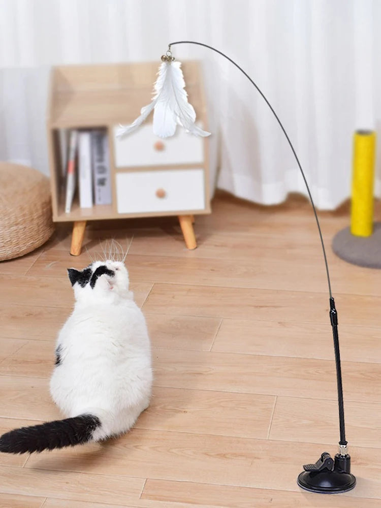 Interactive Cat Feather Toy - Suction Cup Mounted with Replaceable Feathers