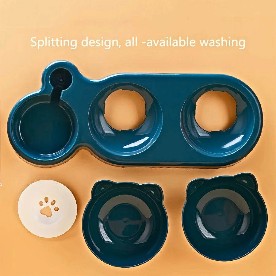 3-in-1 Pet Bowl Set – Tilted Cat & Dog Food Bowl with Water Feeder