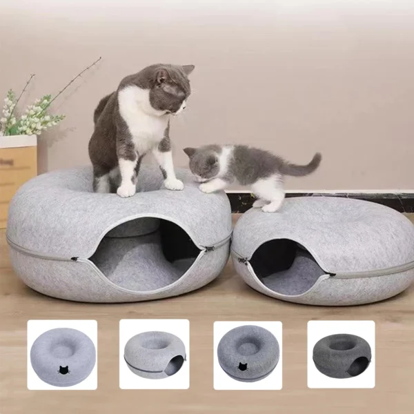 Felt Donut Cat Bed - 2-in-1 Convertible Tunnel & Lounge
