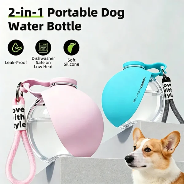2-in-1 Portable Dog Water Bottle with Lanyard Hook Foldable Silicone Dog Bowl Leak-proof Compact Travel Pet Feeding Bottle