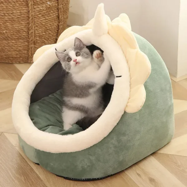 Enclosed Cat Cave Bed - Hooded Donut Design with Non-Slip Base