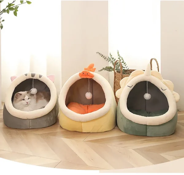 Enclosed Cat Cave Bed - Hooded Donut Design with Non-Slip Base