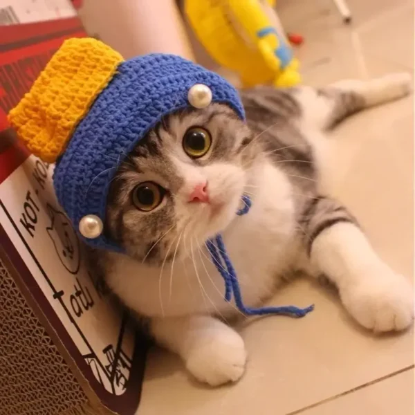 S71f95ae89b834ee4a0a0a3372d4378ca8.webp Cute Cat Hat Funny Pets Party Cosplay Headwear Delicate Hemming Pendant Decor Elasticity Knitted Hat Pet Accessories