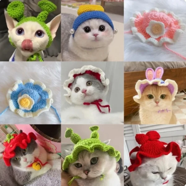 S7fdc970728924c6a93312c3792f3e22dk.webp Cute Cat Hat Funny Pets Party Cosplay Headwear Delicate Hemming Pendant Decor Elasticity Knitted Hat Pet Accessories