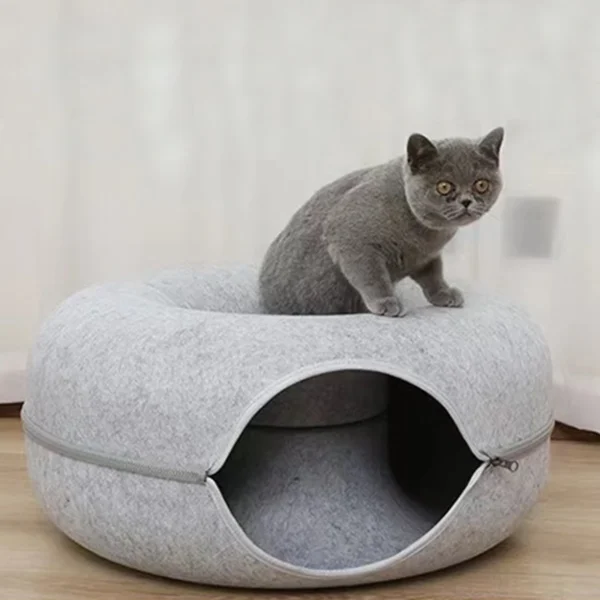 Felt Donut Cat Bed - 2-in-1 Convertible Tunnel & Lounge