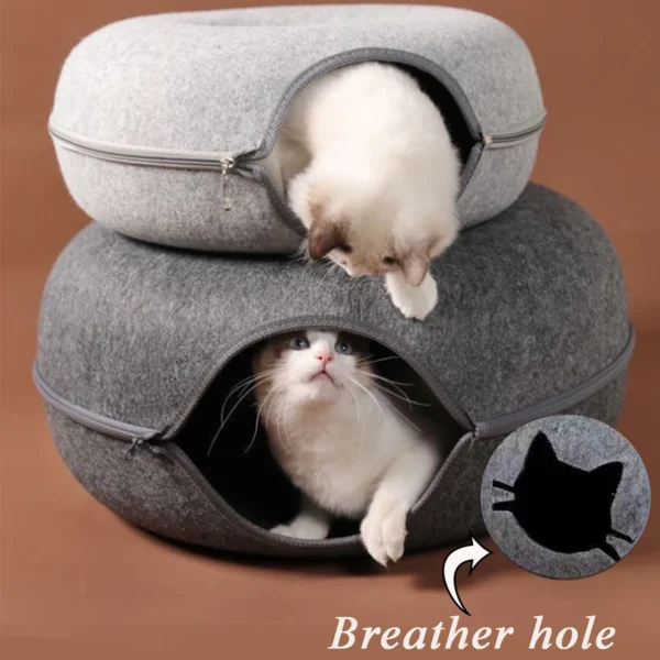 Felt Donut Cat Bed - 2-in-1 Convertible Tunnel & Lounge