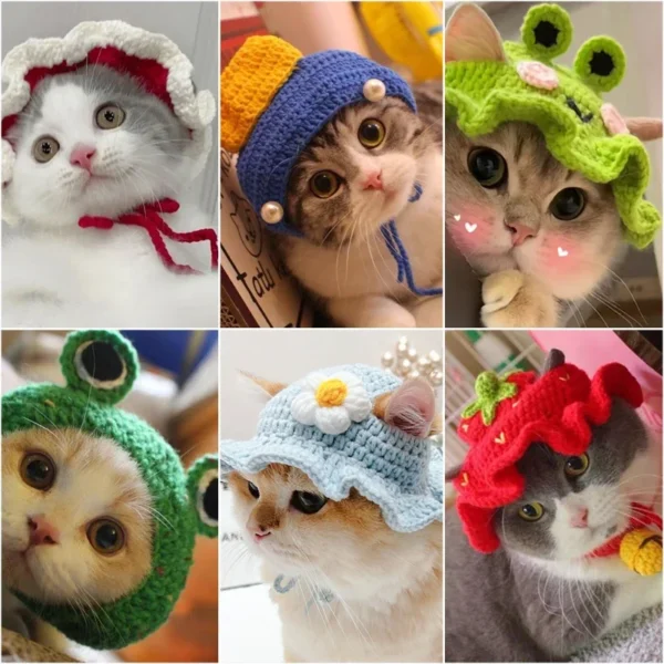Sea8ee79f674c45a4a57cffffc96401d3U.webp Cute Cat Hat Funny Pets Party Cosplay Headwear Delicate Hemming Pendant Decor Elasticity Knitted Hat Pet Accessories
