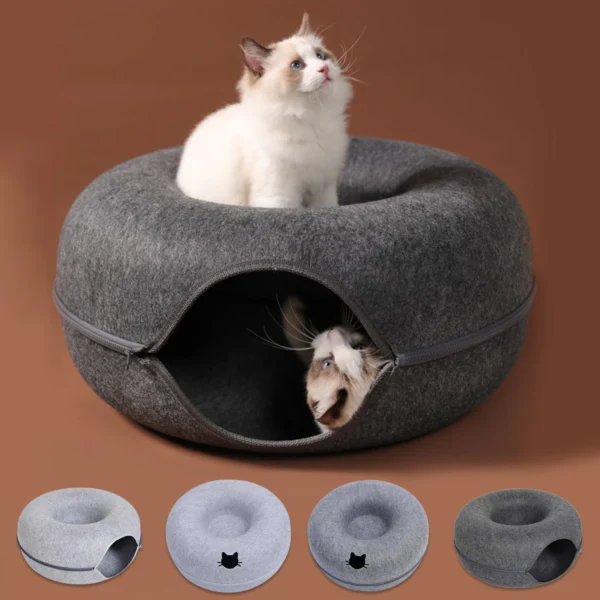 Felt Donut Cat Bed - 2-in-1 Convertible Tunnel & Lounge