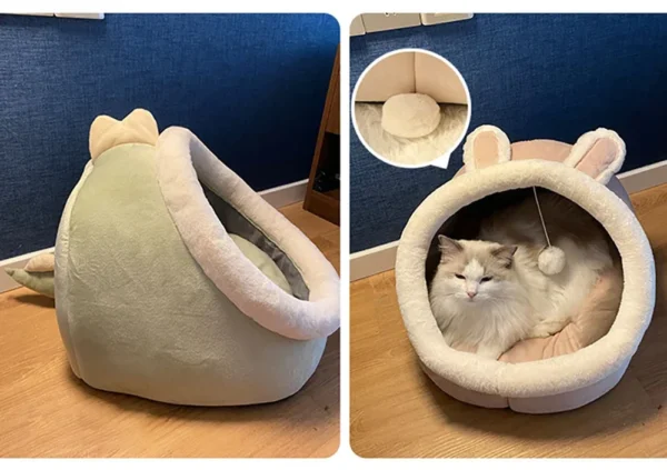 Enclosed Cat Cave Bed - Hooded Donut Design with Non-Slip Base